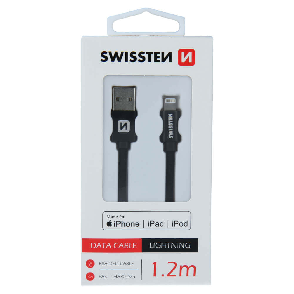Textilný dátový kábel Swissten USB / LIGHTNING MFi 1,2 M  - čierny